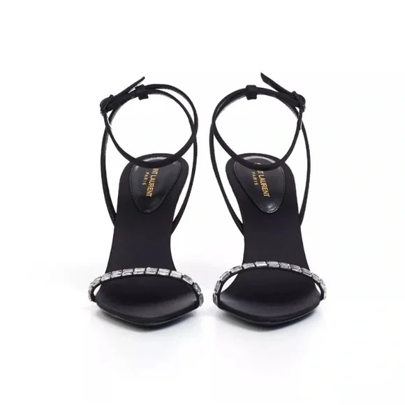 YSL SAINT LAURENT GLORIA SANDALS IN CREPE SATIN WITH RHINESTONES HEELS 90 - Picture 7 of 14